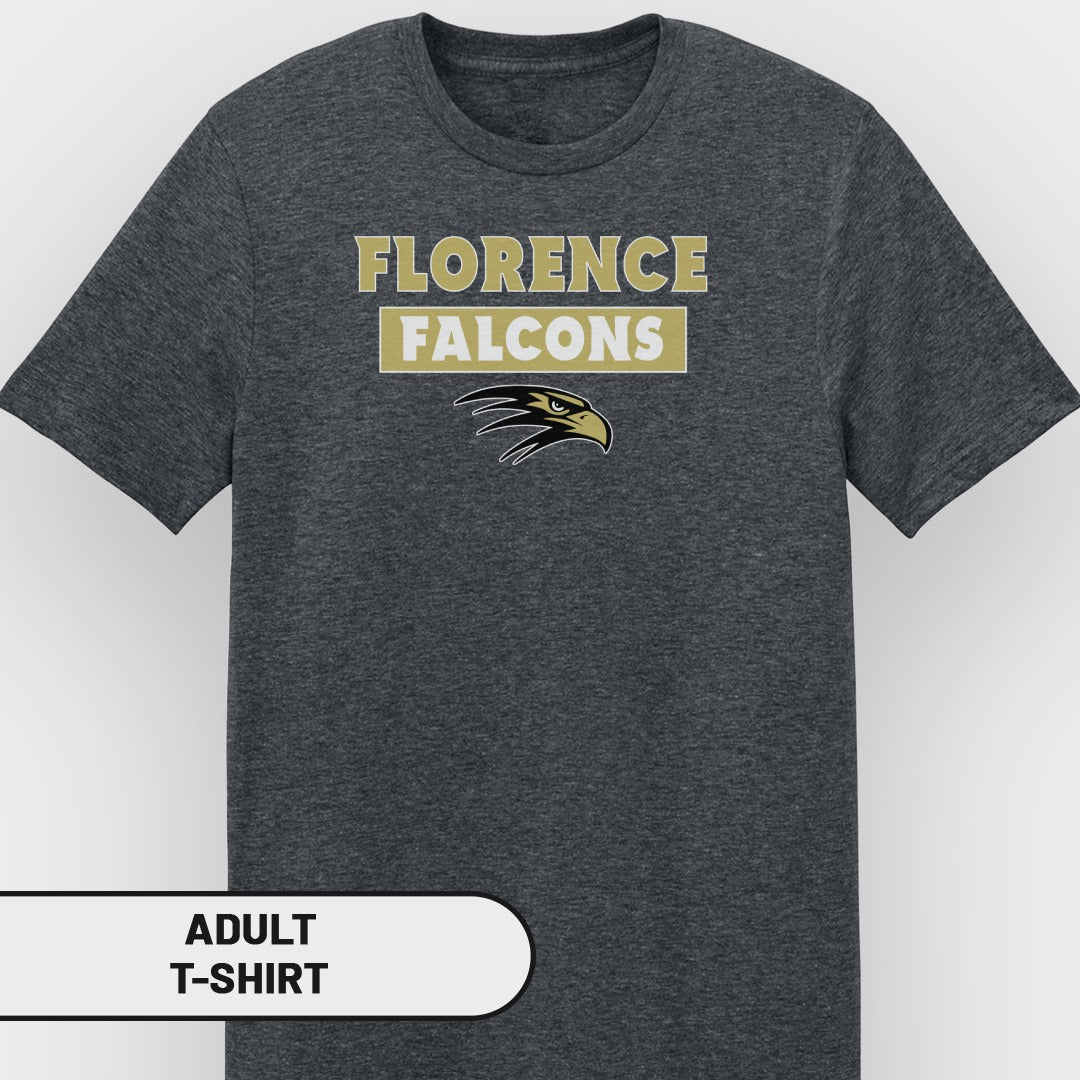 Dark gray adult t-shirt with "Florence Falcons" text and a hawk logo.
