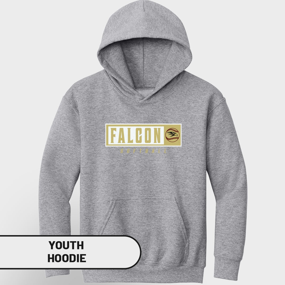 Gray youth hoodie with "FALCON SOFTBALL" text and baseball graphic.