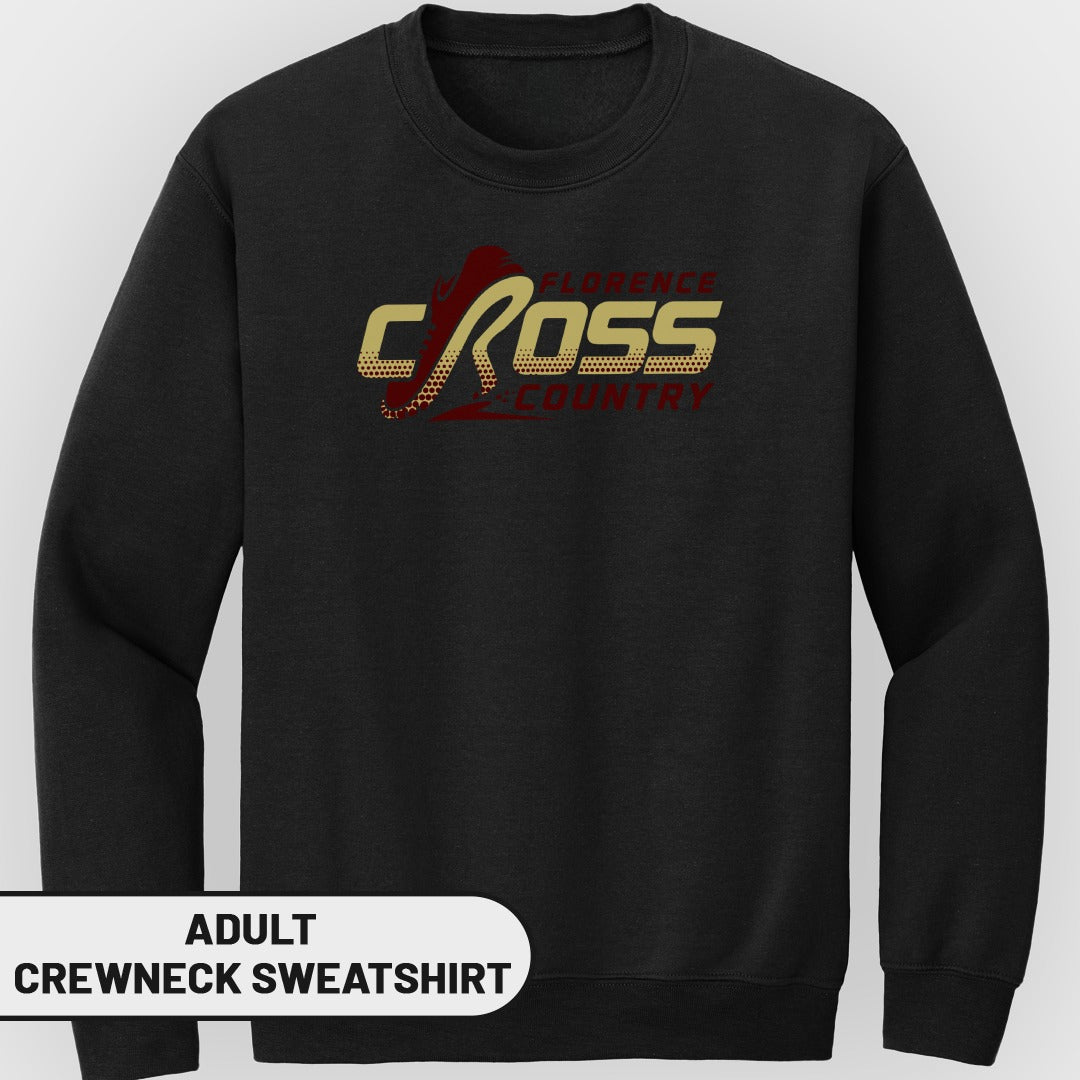 Adult crewneck sweatshirt with "Florence Cross Country" graphic and shoe silhouette.
