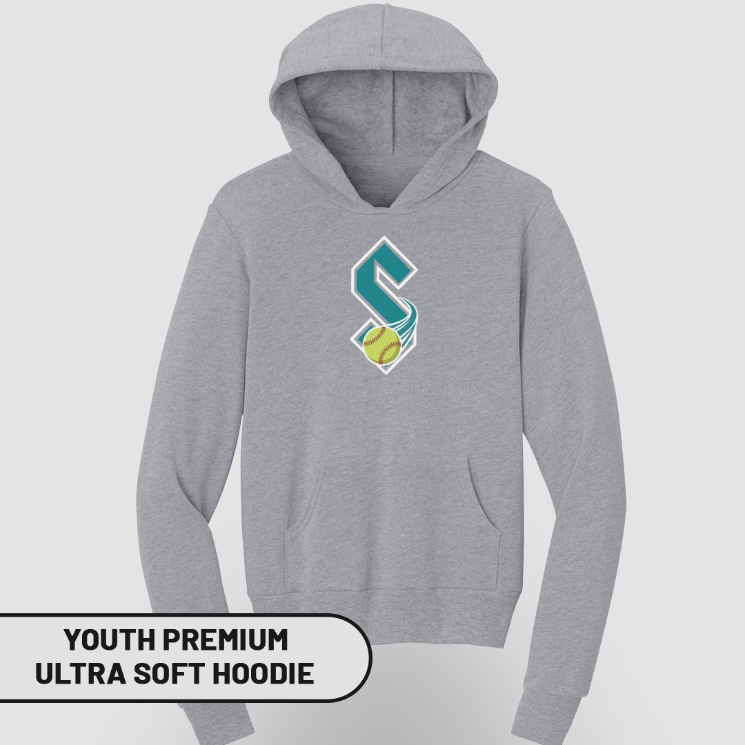 Grey youth hoodie with a teal and yellow softball graphic on the chest.