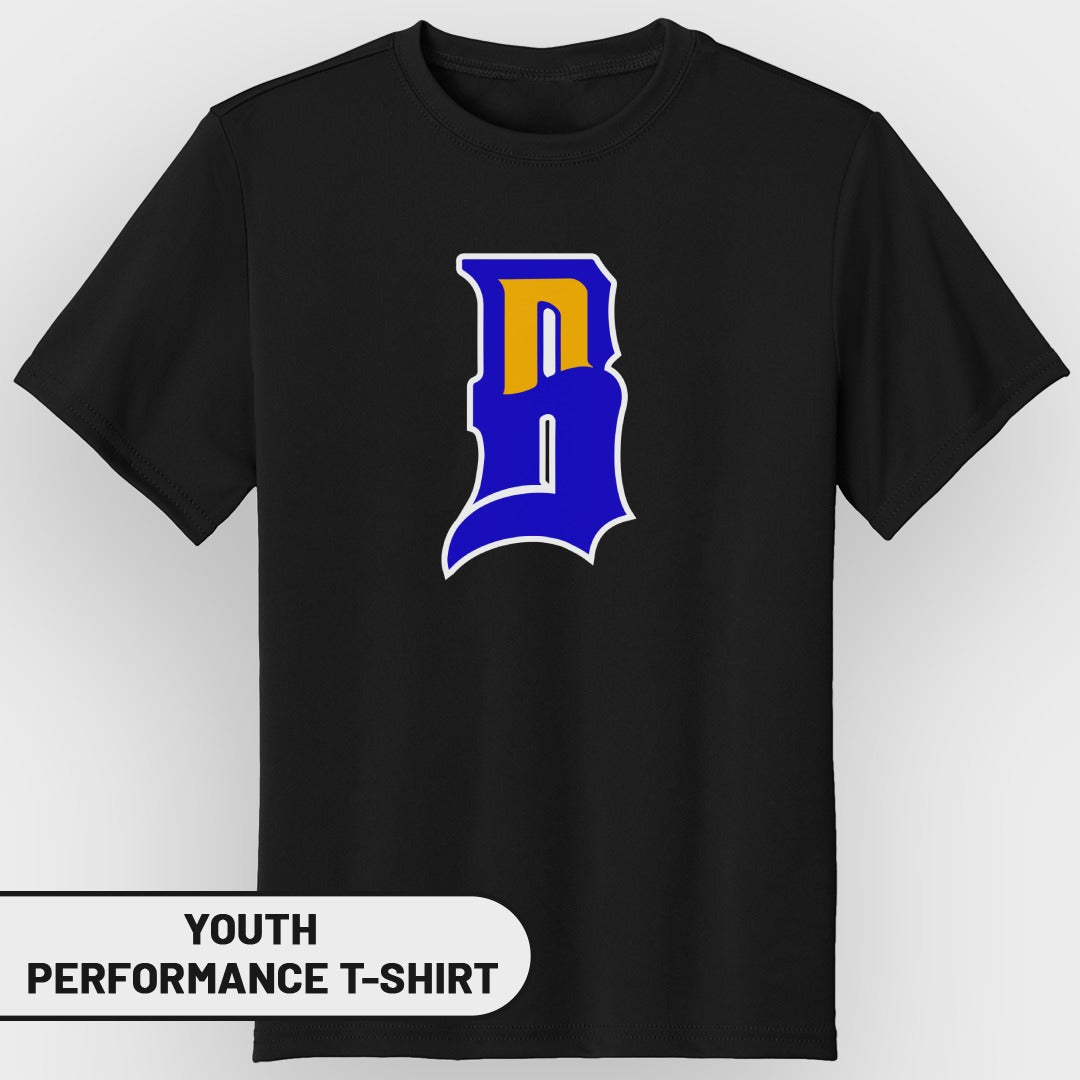 Black youth performance t-shirt with blue and yellow "B" logo.