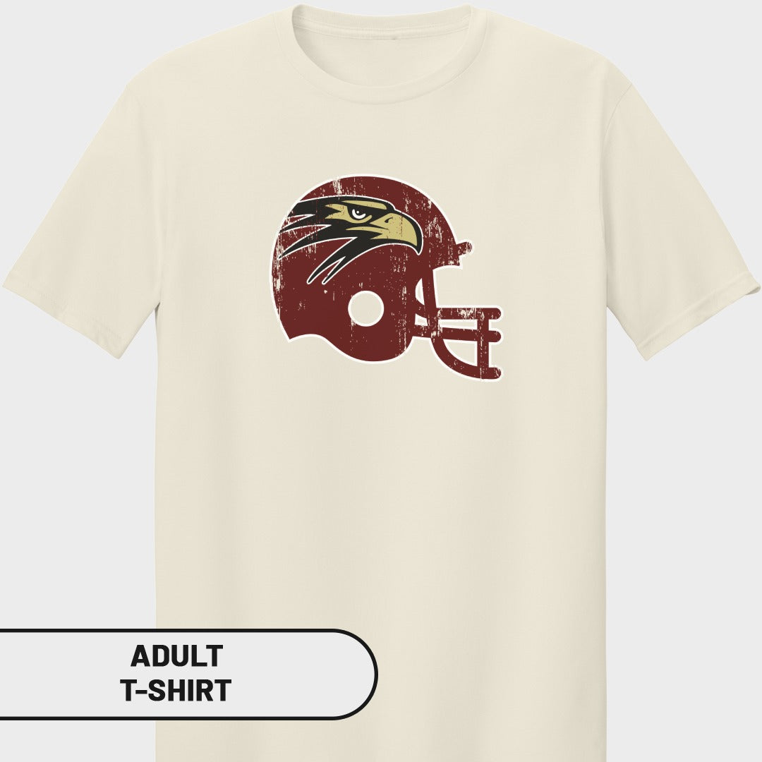 Cream adult t-shirt with distressed maroon football helmet and eagle logo.