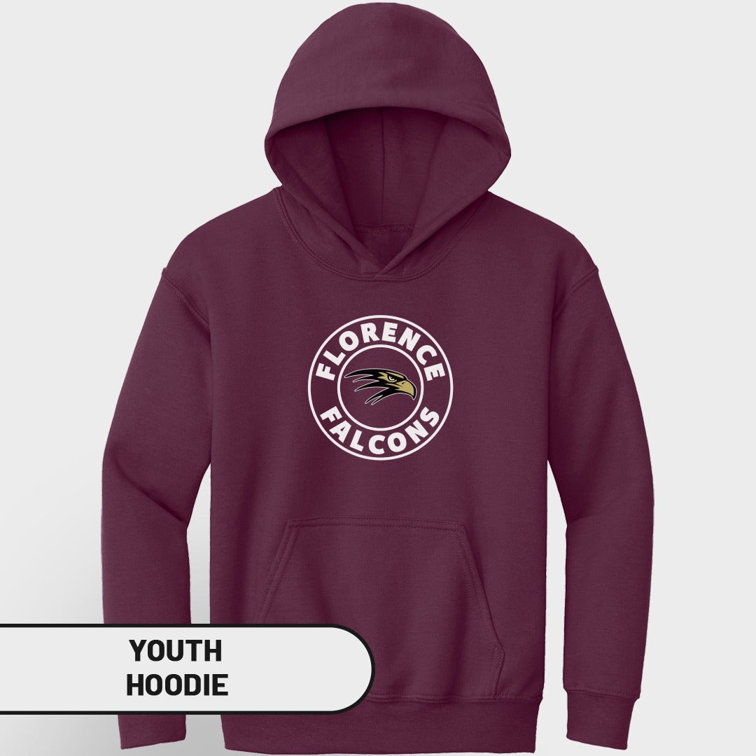 Maroon youth hoodie with Florence Falcons logo on chest and "Youth Hoodie" text.