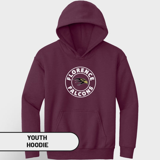 Maroon youth hoodie with Florence Falcons logo on chest and "Youth Hoodie" text.