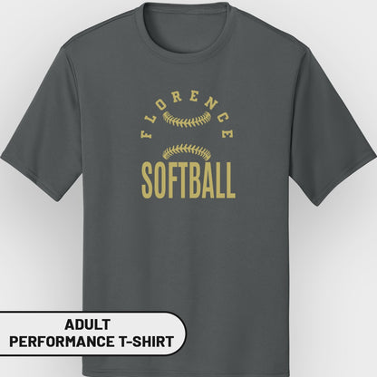 Dark grey adult performance t-shirt with gold "FLORENCE SOFTBALL" text and baseball graphics.