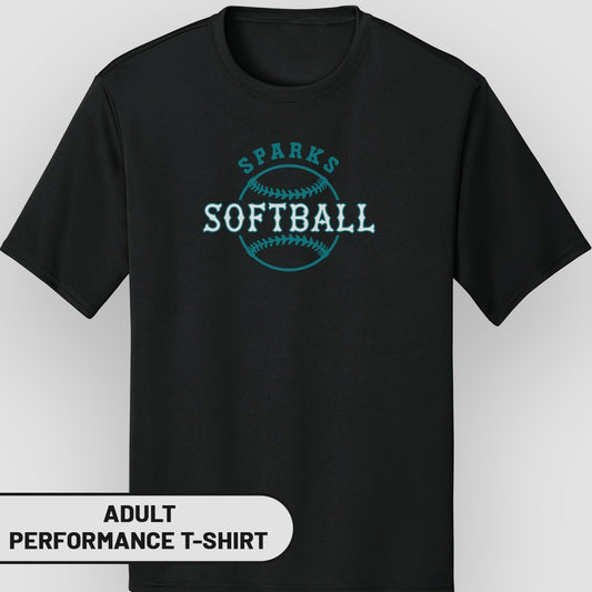 Black adult performance t-shirt with "Sparks Softball" text and baseball stitching design.