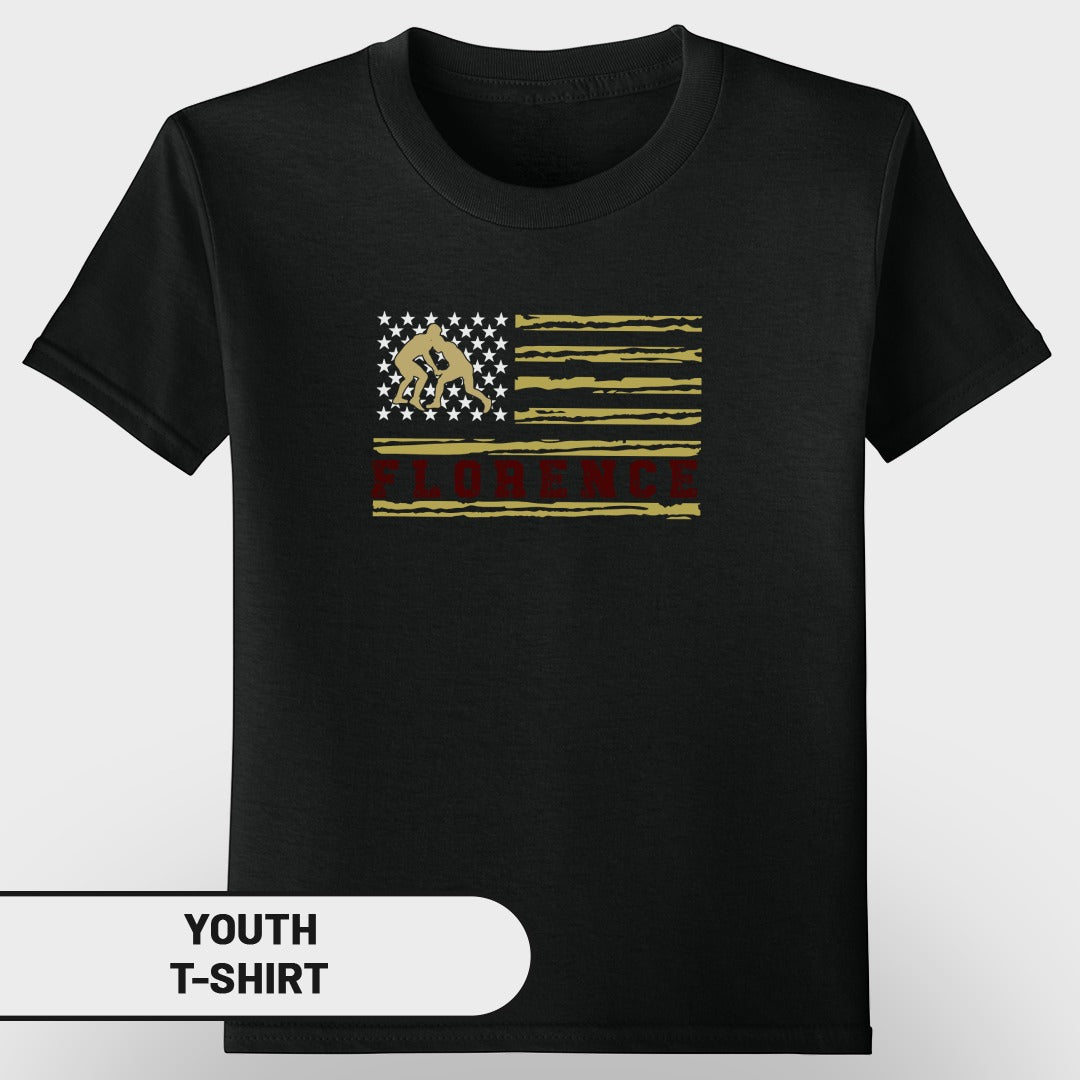 Black youth t-shirt with wrestling graphic on distressed American flag with "FLORENCE" text.