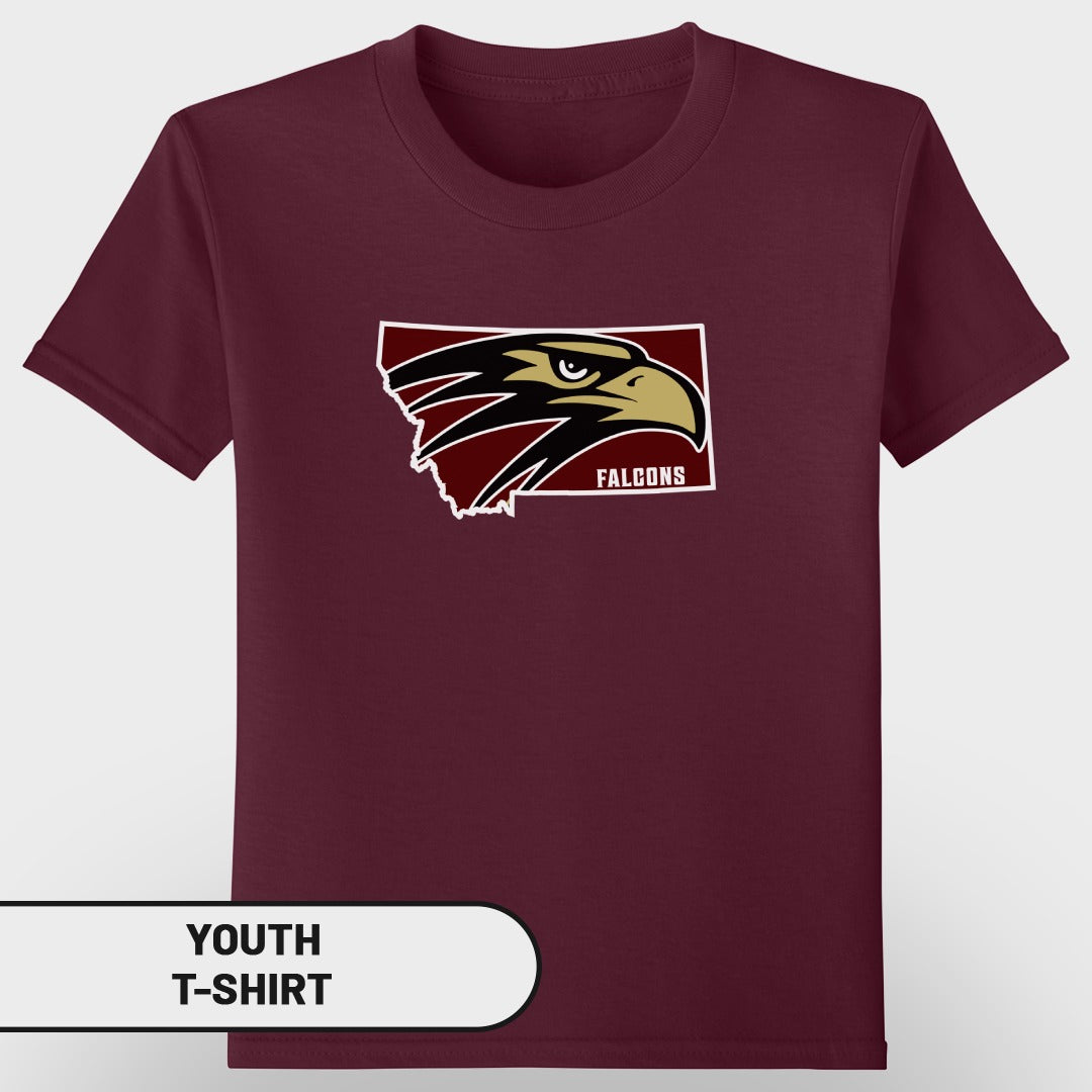 Maroon youth t-shirt with a Montana outline and a falcon logo that says "FALCONS".