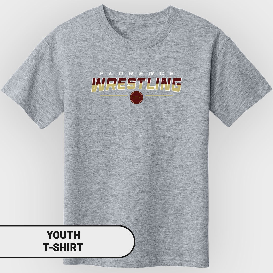 Youth gray t-shirt with "Florence Wrestling" text and circular logo.