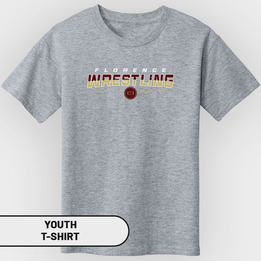 Youth gray t-shirt with "Florence Wrestling" text and circular logo.