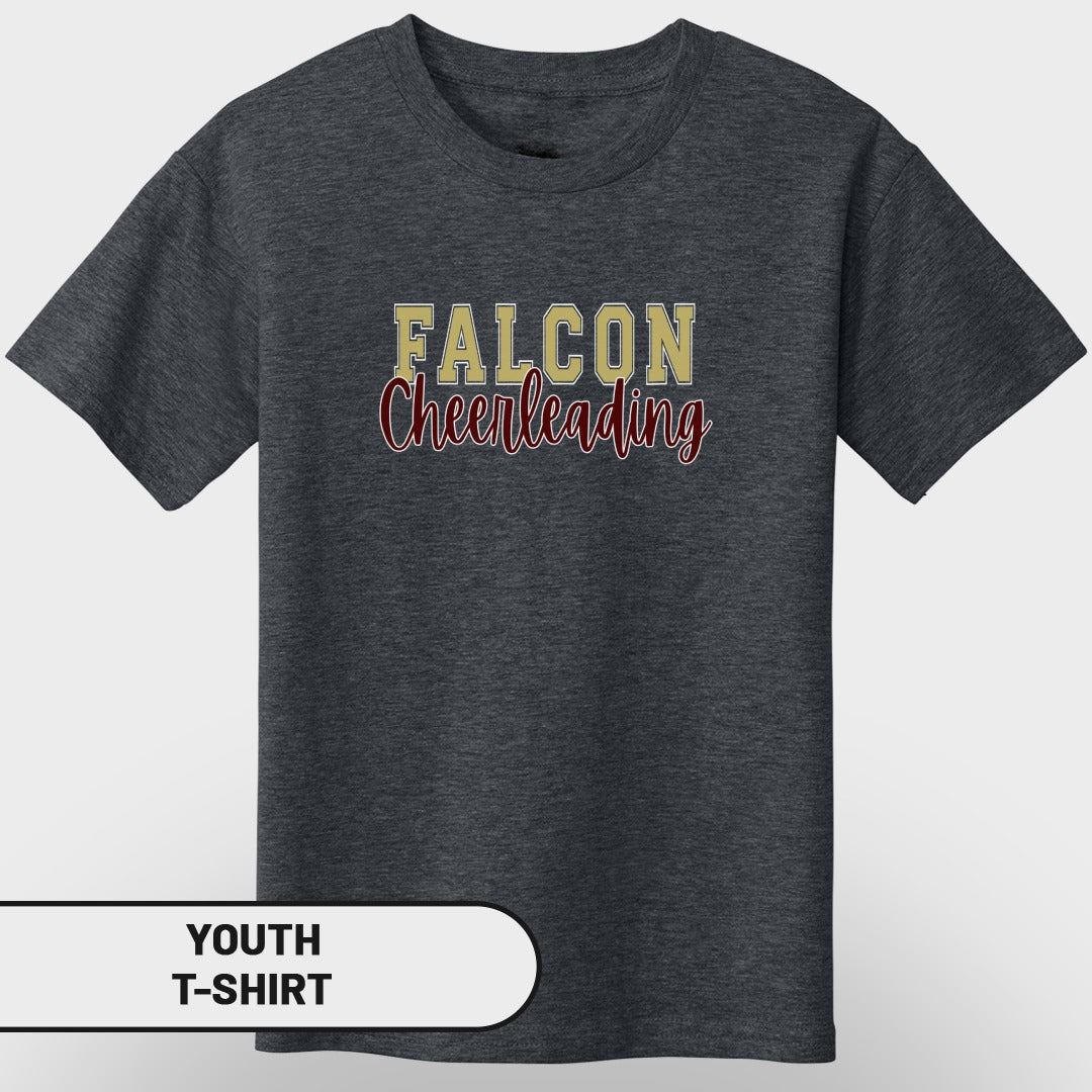 Youth t-shirt with "FALCON Cheerleading" text in gold and maroon.
