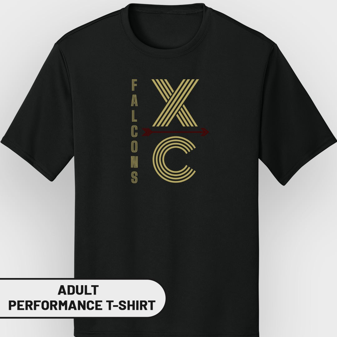 Black t-shirt with "FALCONS XC" graphic and arrow.