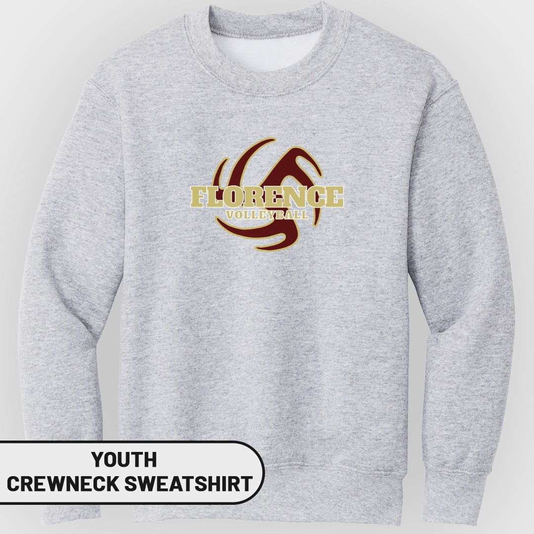 Youth crewneck sweatshirt with "Florence Volleyball" logo and graphic.