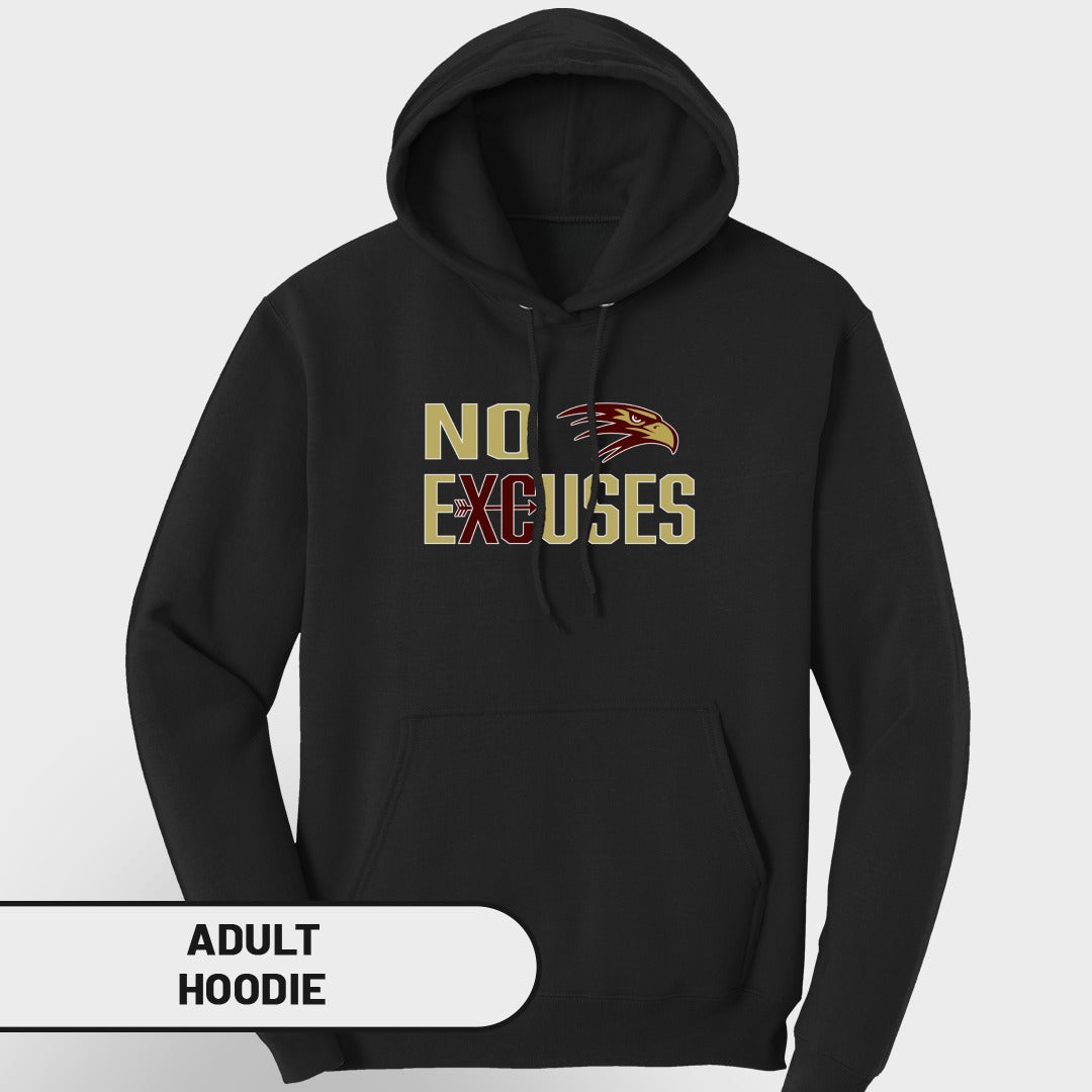 Black adult hoodie with "NO EXCUSES" text and an eagle graphic.