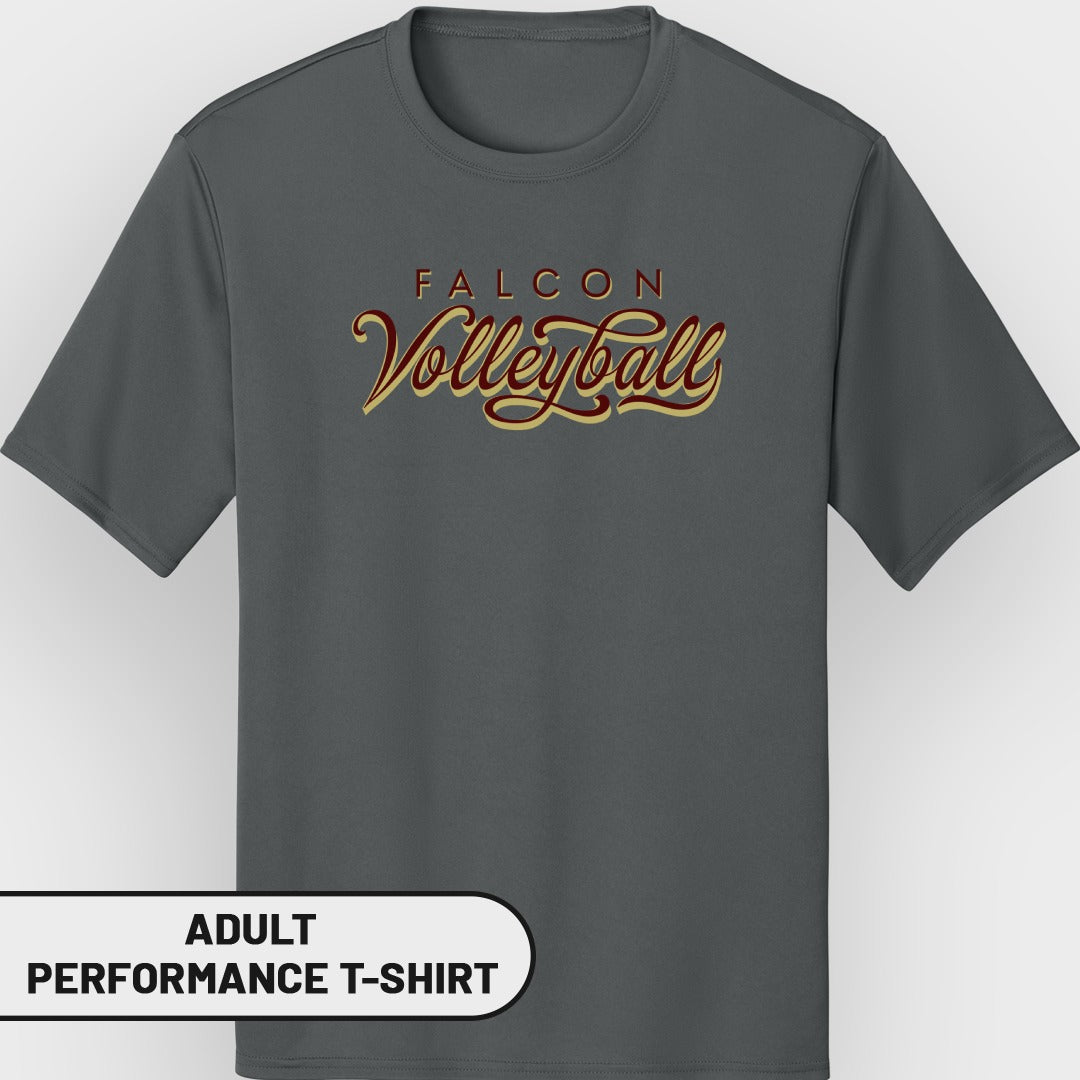 Dark grey adult performance t-shirt with "Falcon Volleyball" text graphic.