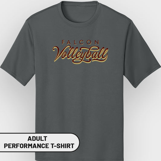 Dark grey adult performance t-shirt with "Falcon Volleyball" text graphic.