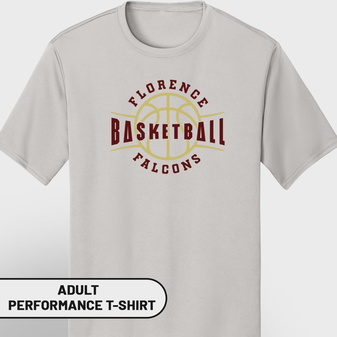 Light grey adult performance t-shirt with Florence Basketball Falcons logo.