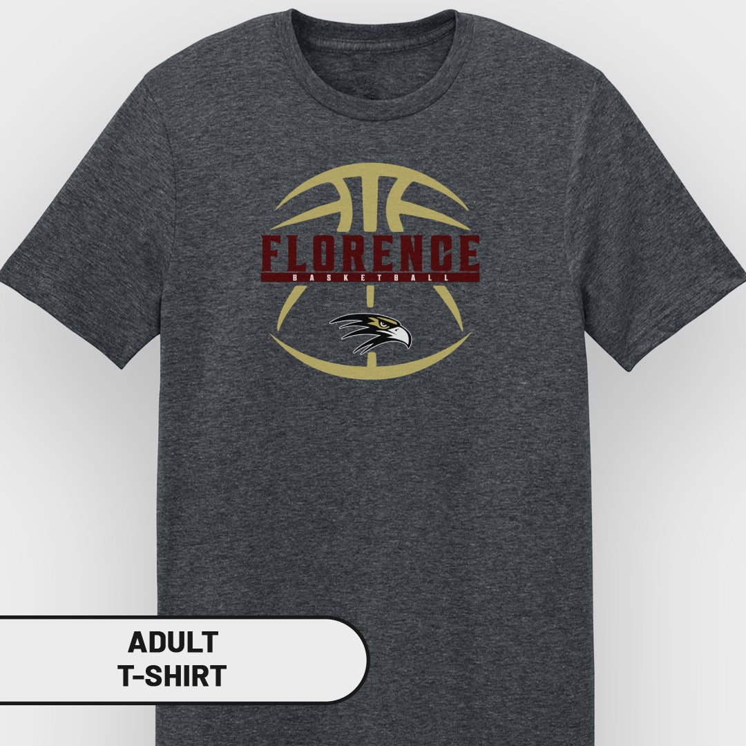 Dark grey adult t-shirt with Florence Basketball logo and eagle graphic.