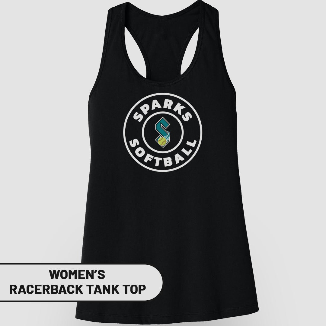 Black women's racerback tank top with "Sparks Softball" logo.