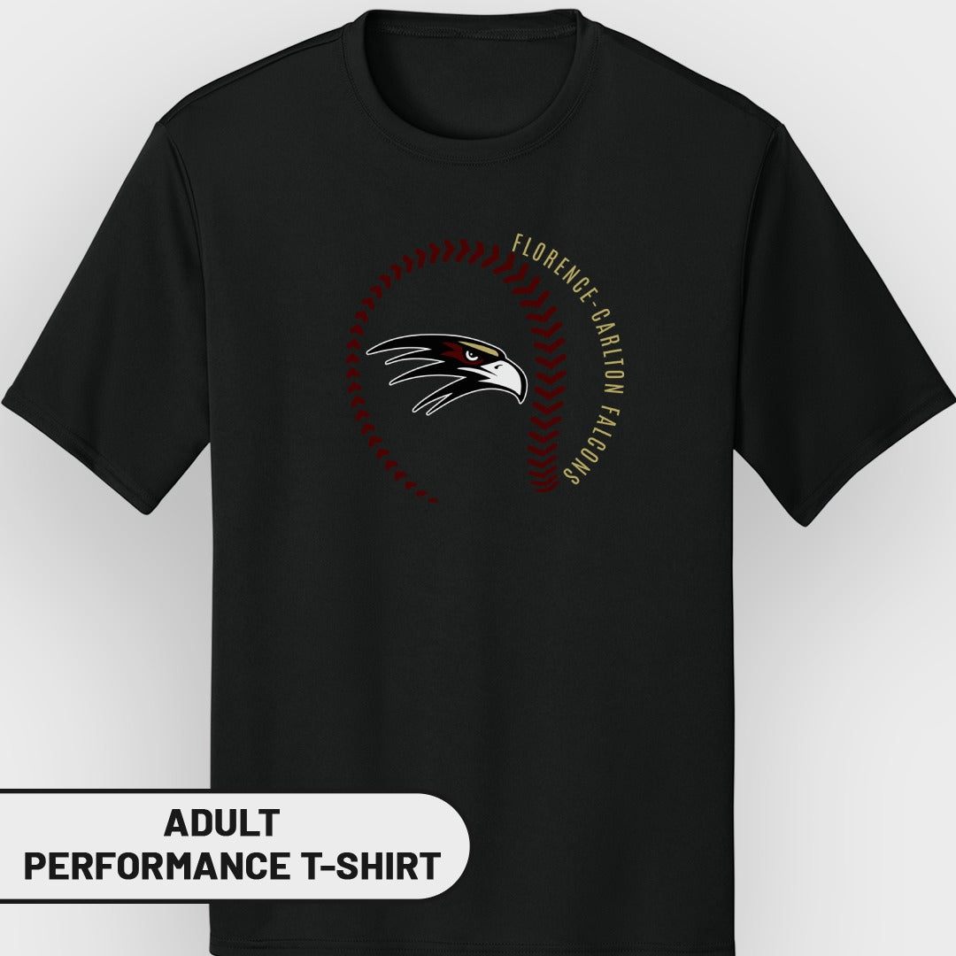Black adult performance t-shirt with Florence-Carlton Falcons logo and baseball stitching.