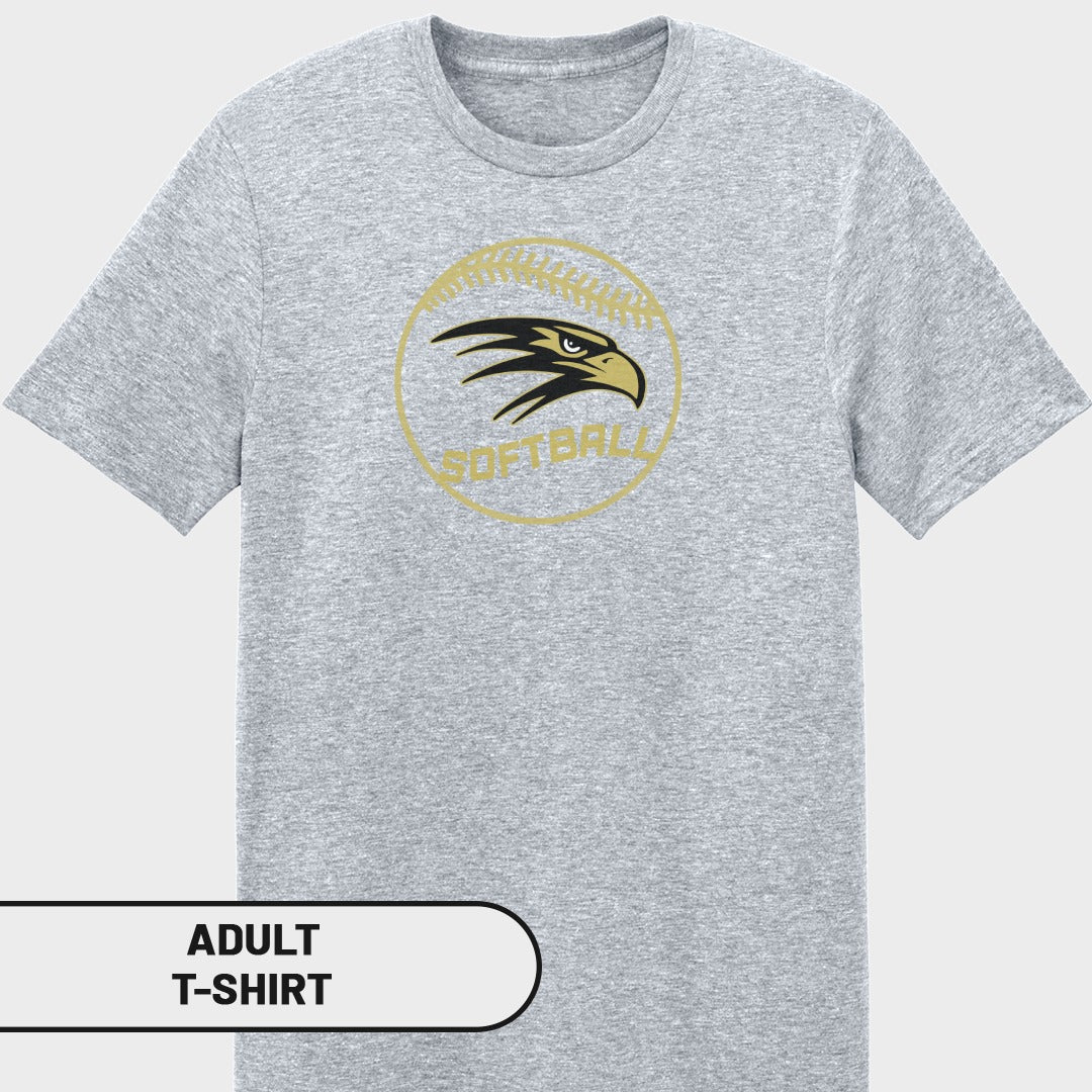 Grey adult t-shirt with a circular softball graphic featuring a hawk head and "SOFTBALL" text.