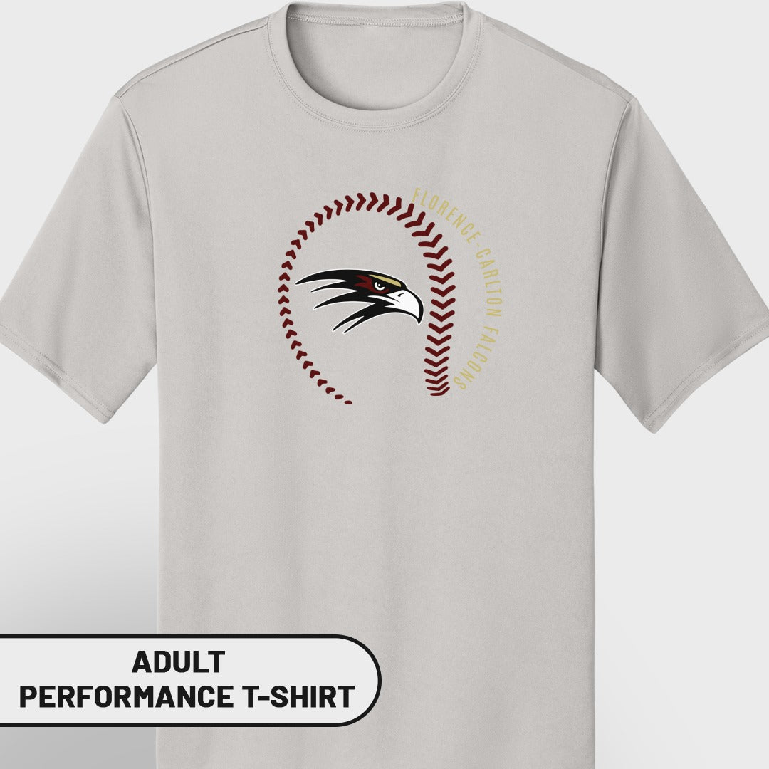 Gray adult performance t-shirt with a baseball and falcon logo, text "FLORENCE CARLTON FALCONS".