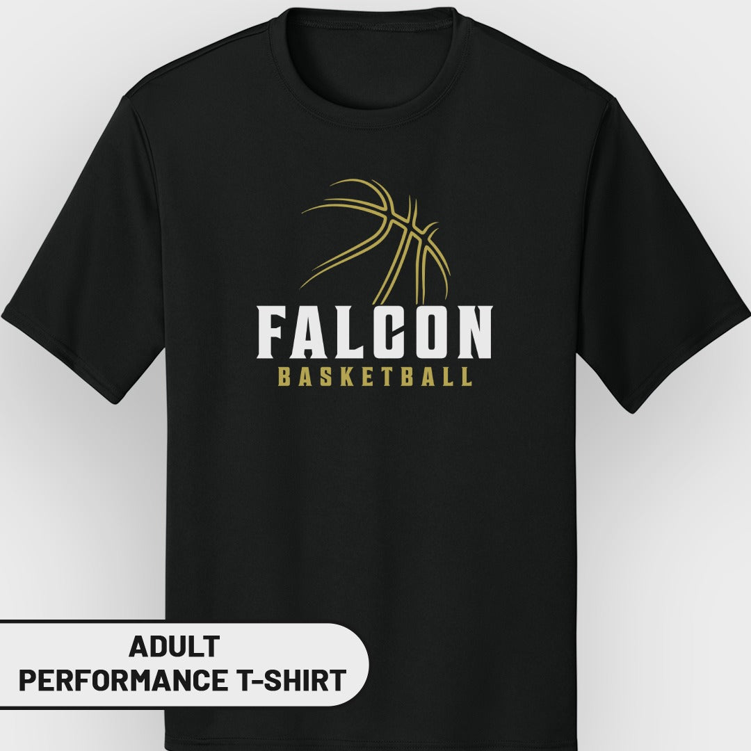 Black adult performance t-shirt with gold "FALCON BASKETBALL" text and basketball graphic.