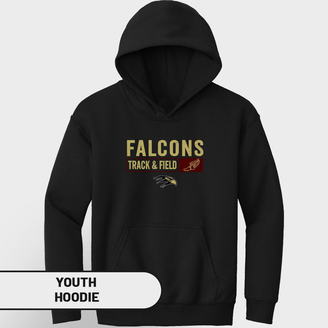 Black youth hoodie with "FALCONS TRACK & FIELD" text and eagle graphic.