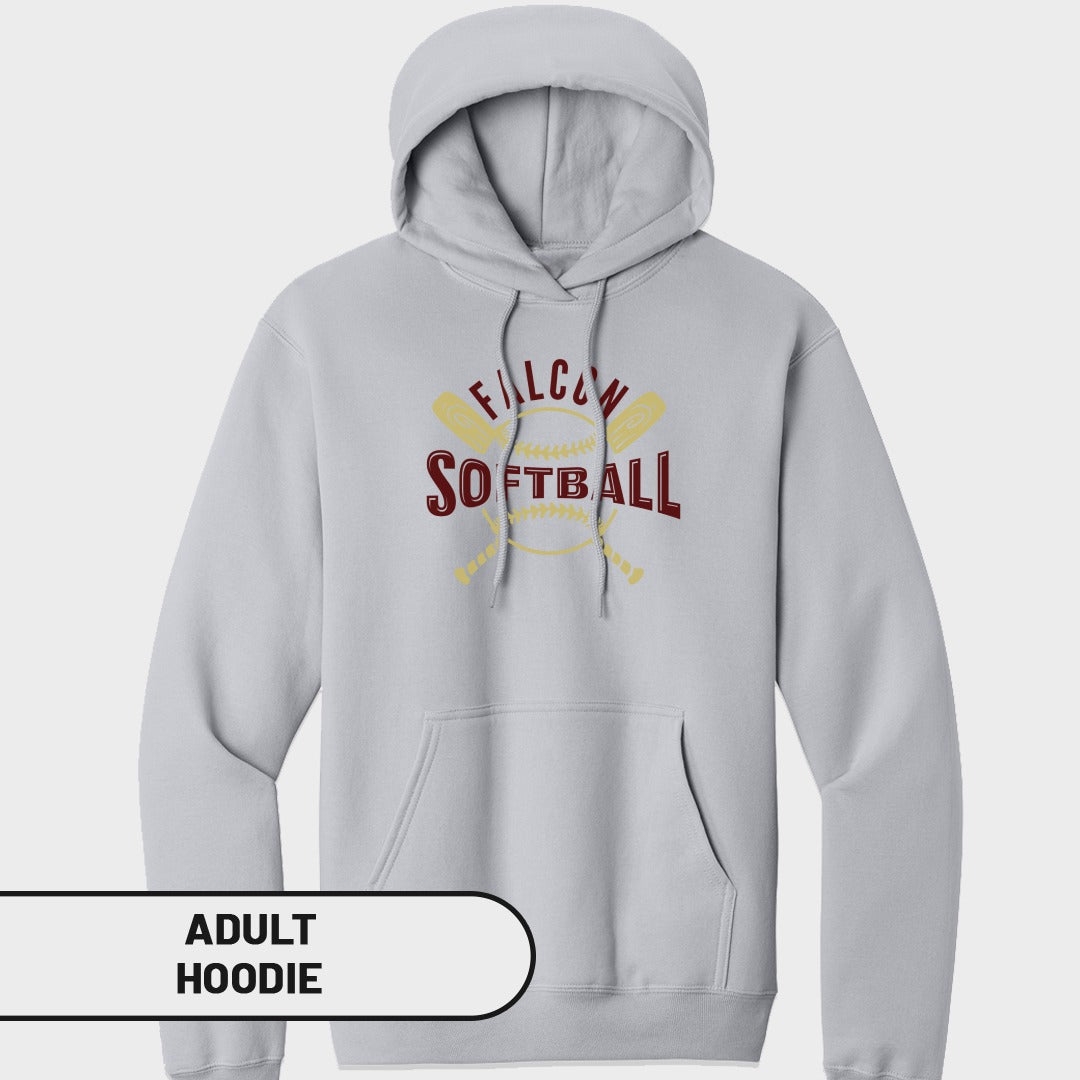 Light gray adult hoodie with "Falcon Softball" graphic and baseball elements.
