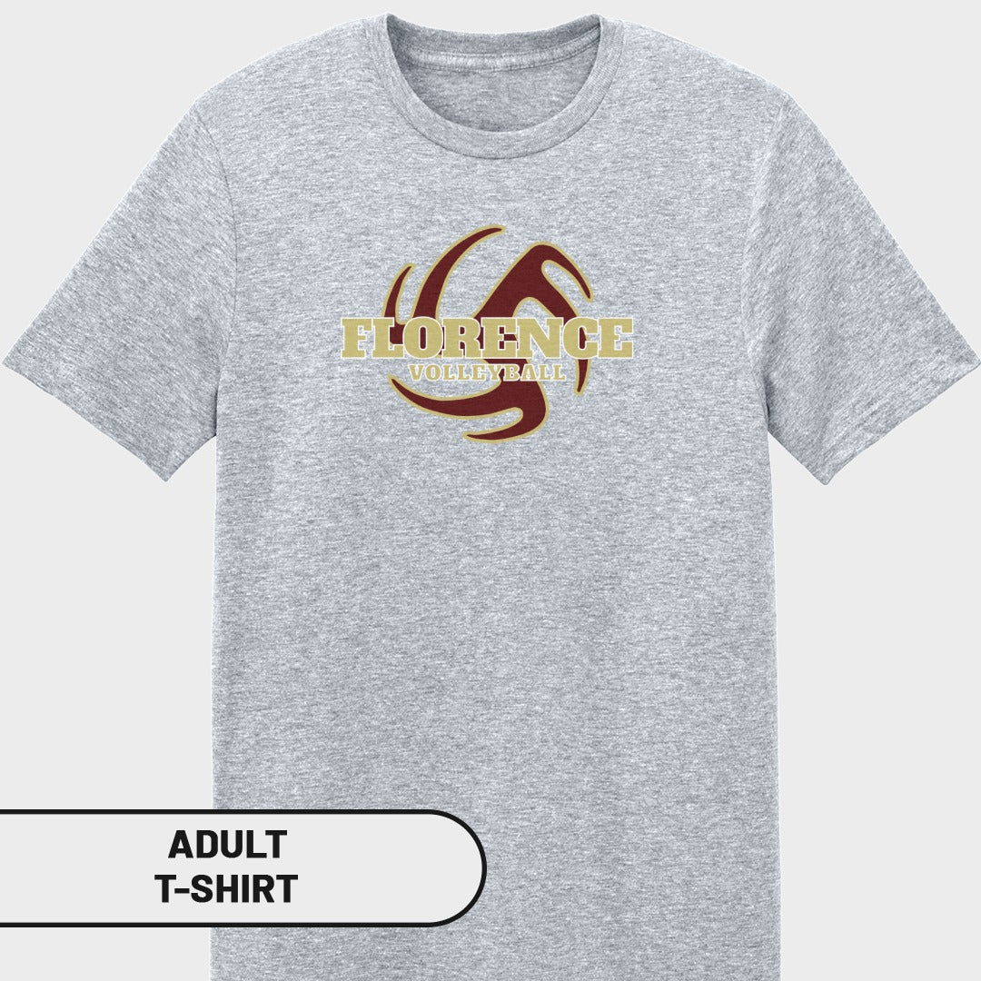 Adult grey t-shirt with "Florence Volleyball" logo on chest.