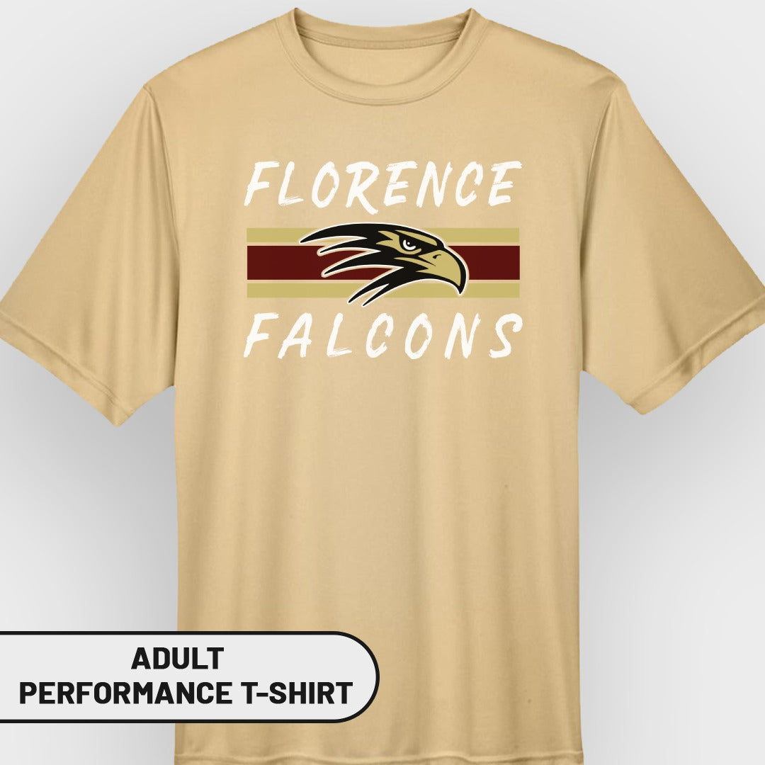 Adult performance t-shirt with "Florence Falcons" text and falcon logo.