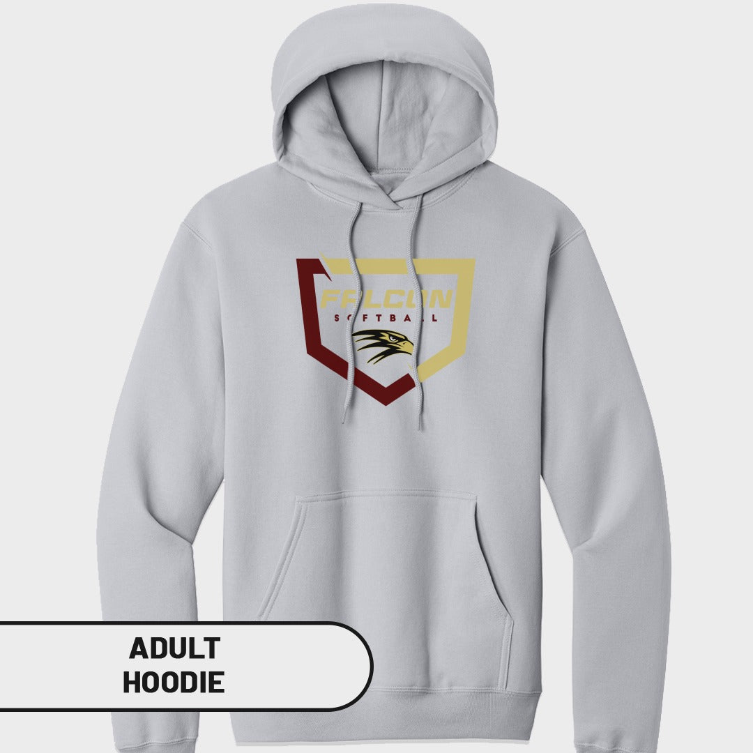 Light gray adult hoodie with "FALCON SOFTBALL" and falcon graphic.
