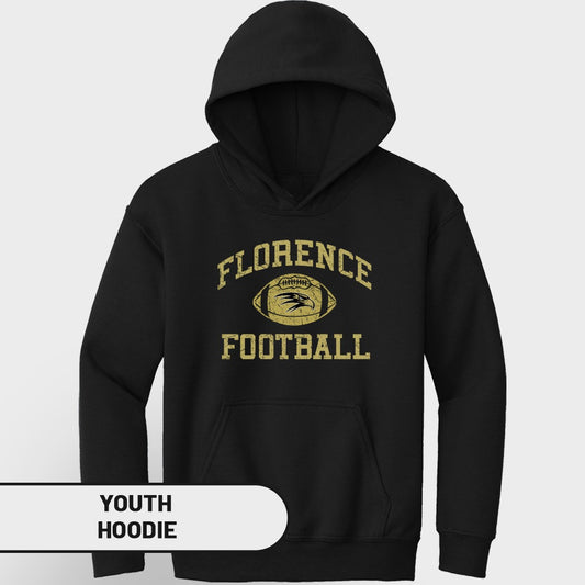 Black youth hoodie with "FLORENCE FOOTBALL" text and football graphic.