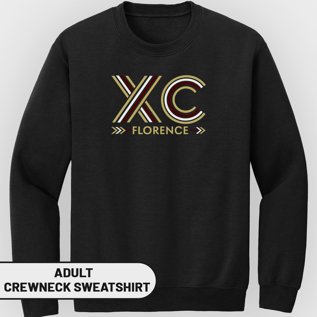 Black adult crewneck sweatshirt with "XC Florence" graphic in maroon, gold, and white.