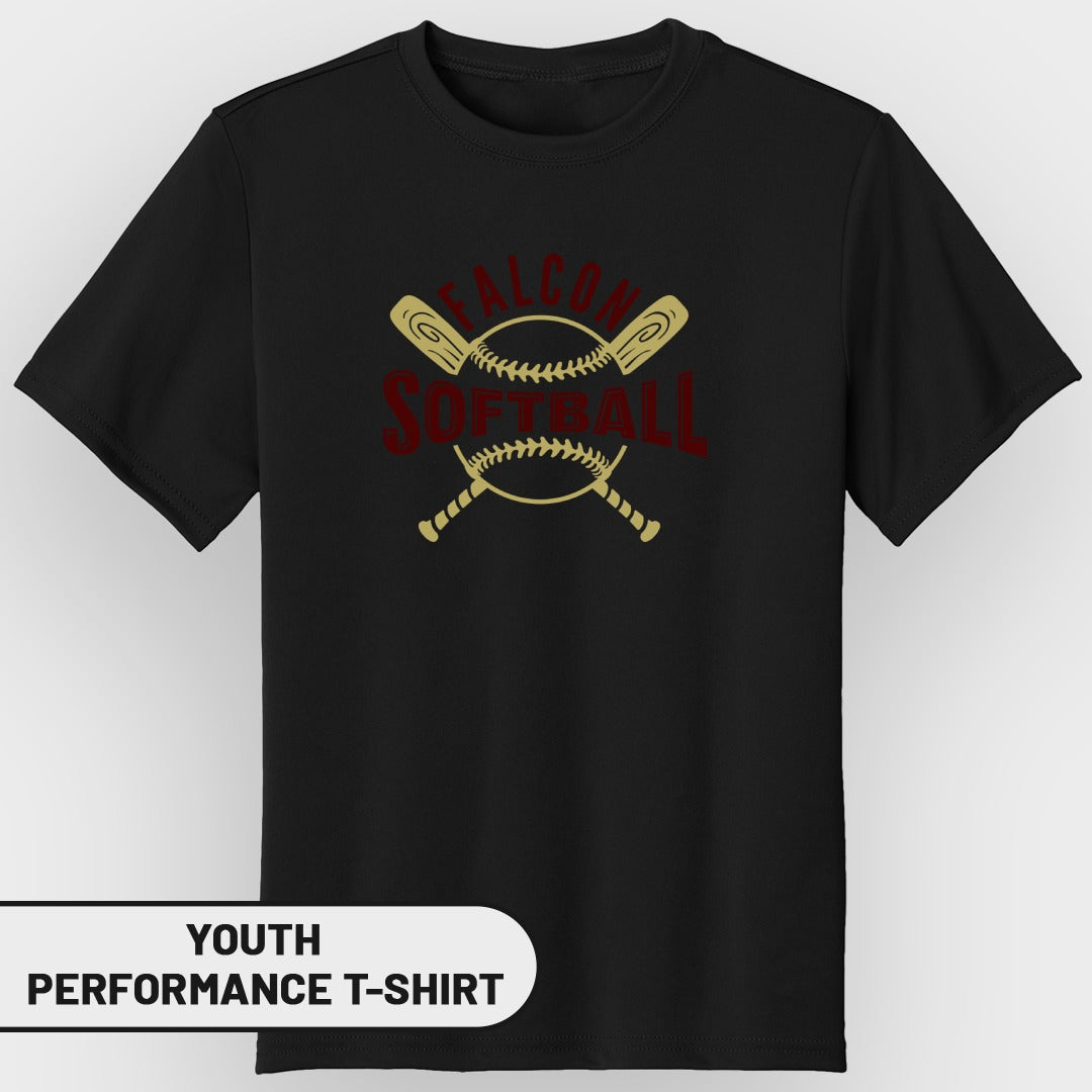 Black youth performance t-shirt with "FALCON SOFTBALL" and crossed bats graphic.