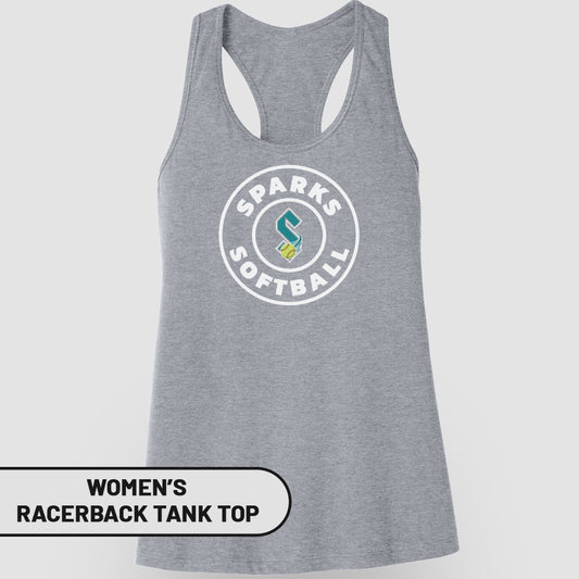 Grey women's racerback tank top with "Sparks Softball" circular logo.