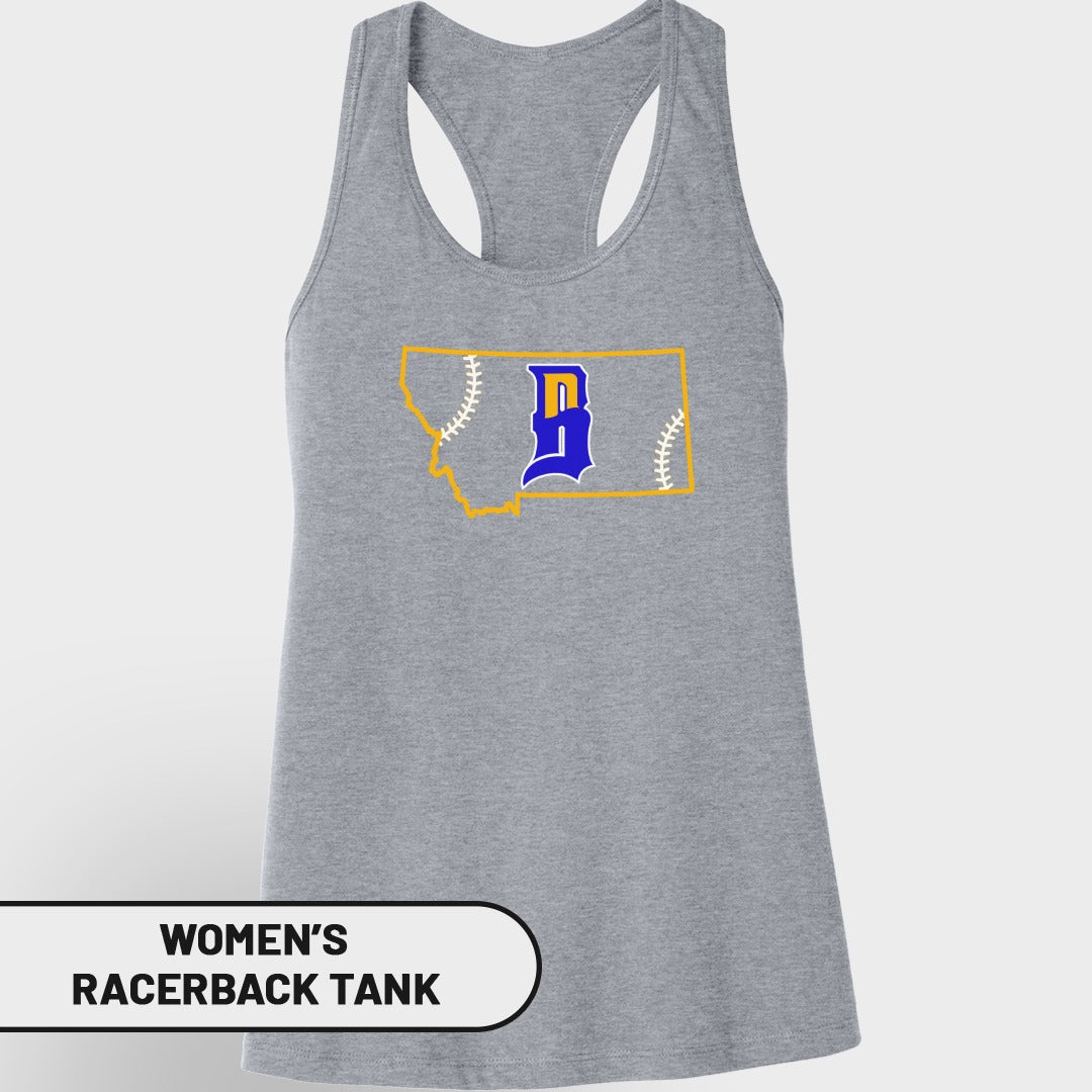 Gray women's racerback tank with Montana shape and baseball stitches.
