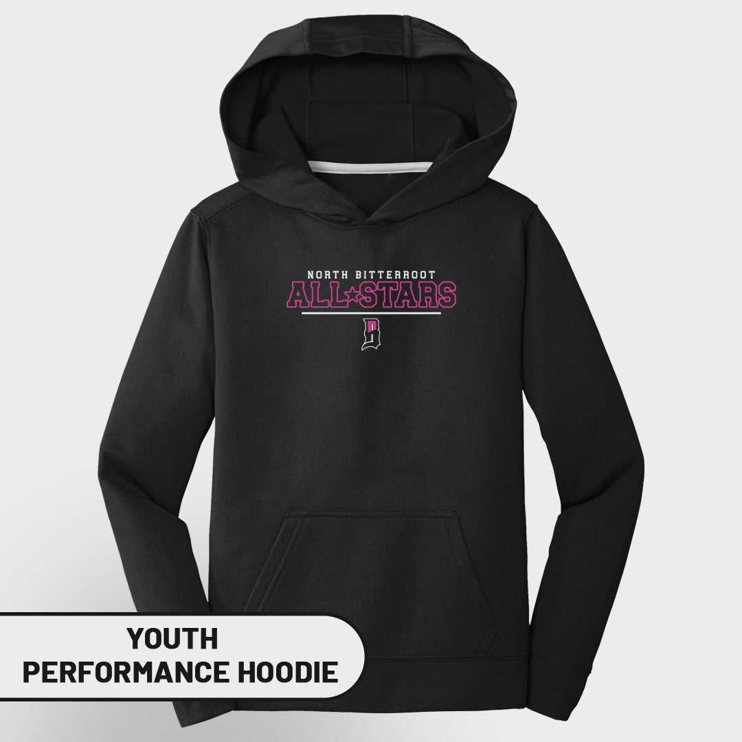 Youth North Bitterroot All-Stars black performance hoodie with a pink logo.