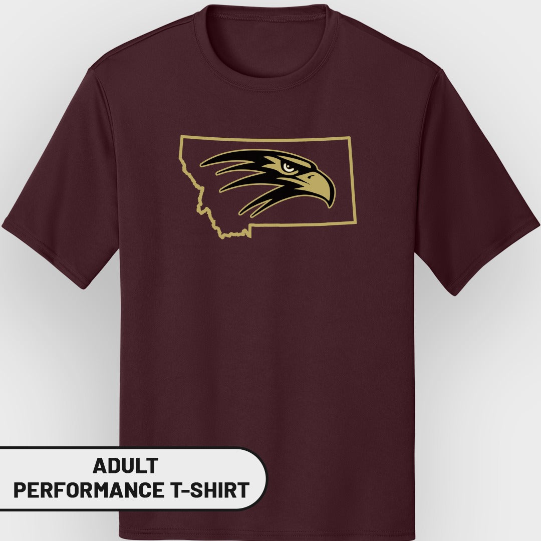 Maroon t-shirt with Montana outline and eagle head graphic. Adult Performance T-Shirt.