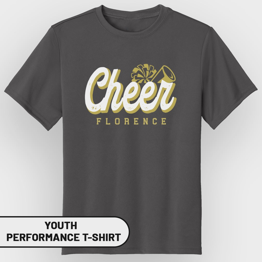 Youth performance t-shirt with "Cheer Florence" graphic and pom-pom.