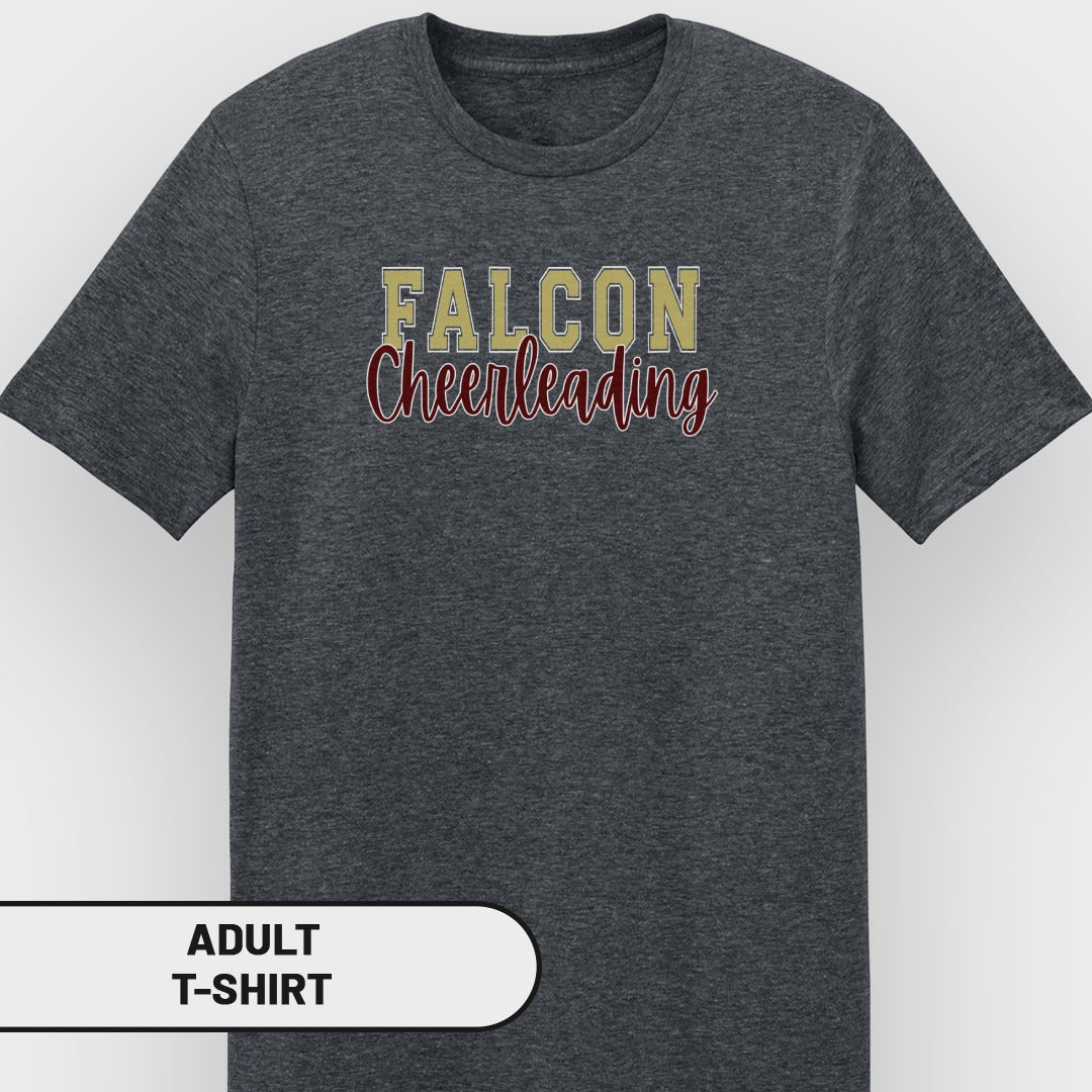 Dark grey adult t-shirt with "FALCON Cheerleading" text.
