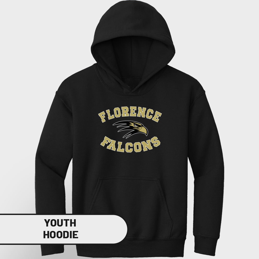 Black youth hoodie with "Florence Falcons" text and falcon graphic.