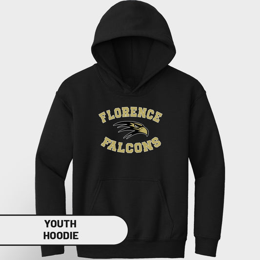 Black youth hoodie with "Florence Falcons" text and falcon graphic.