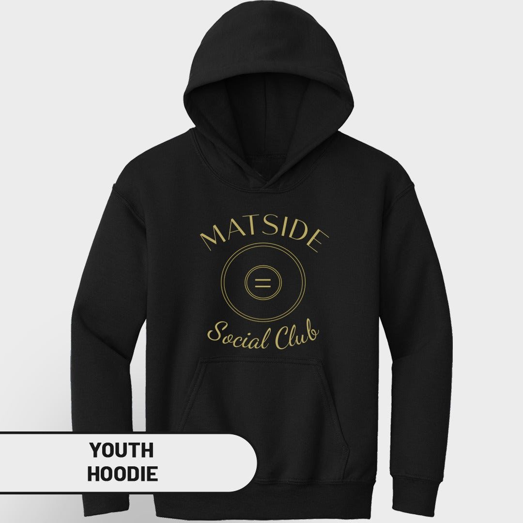 Black youth hoodie with gold "MATSIDE Social Club" graphic and equal sign emblem.