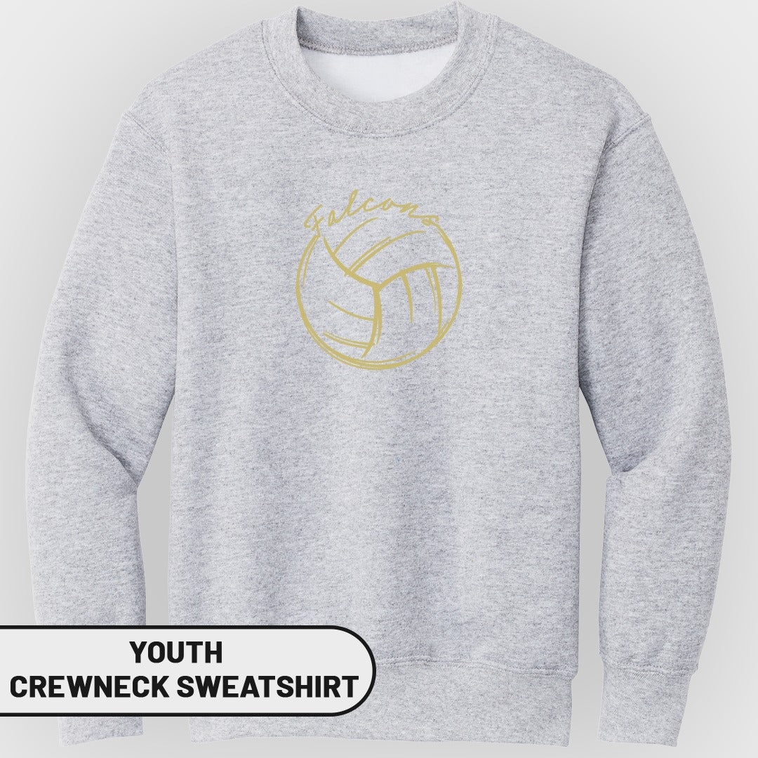 Youth crewneck sweatshirt with gold "Falcons" text and volleyball graphic.