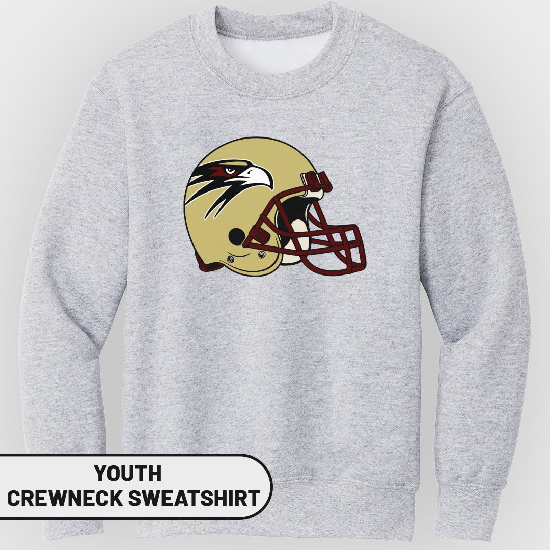 Youth crewneck sweatshirt with a gold and maroon football helmet with a hawk logo.