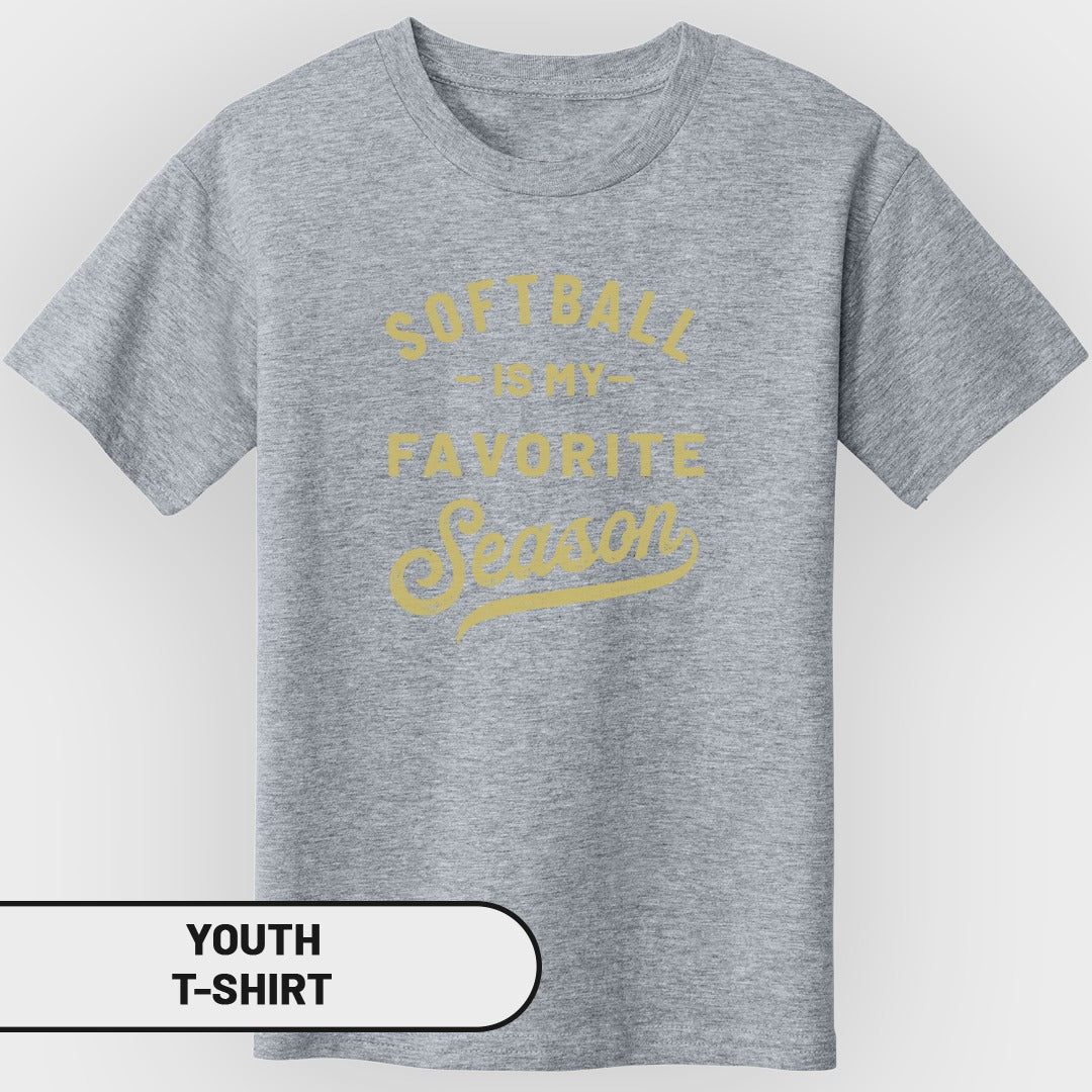 Youth grey t-shirt with gold text reading "Softball is my favorite season".