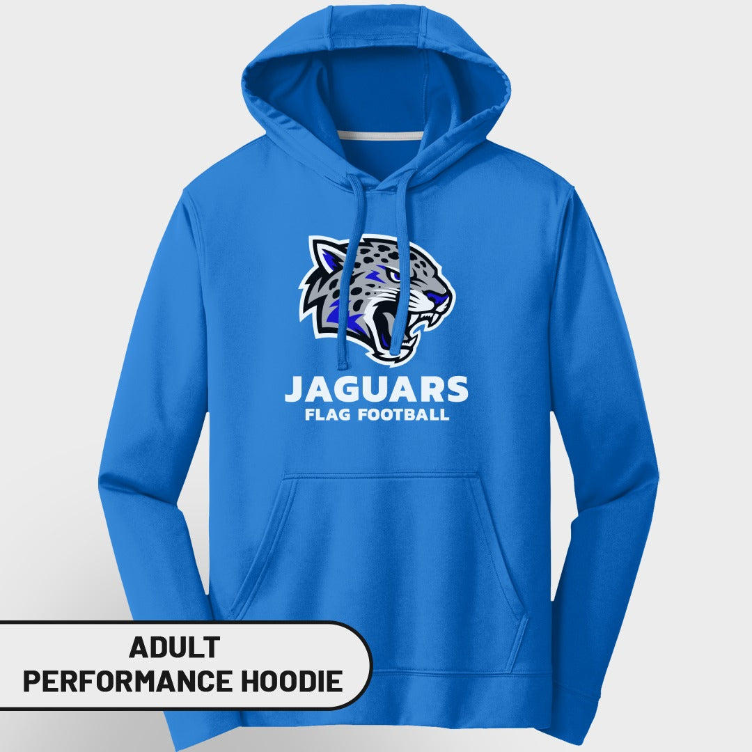 Blue adult performance hoodie with Jaguars flag football logo.