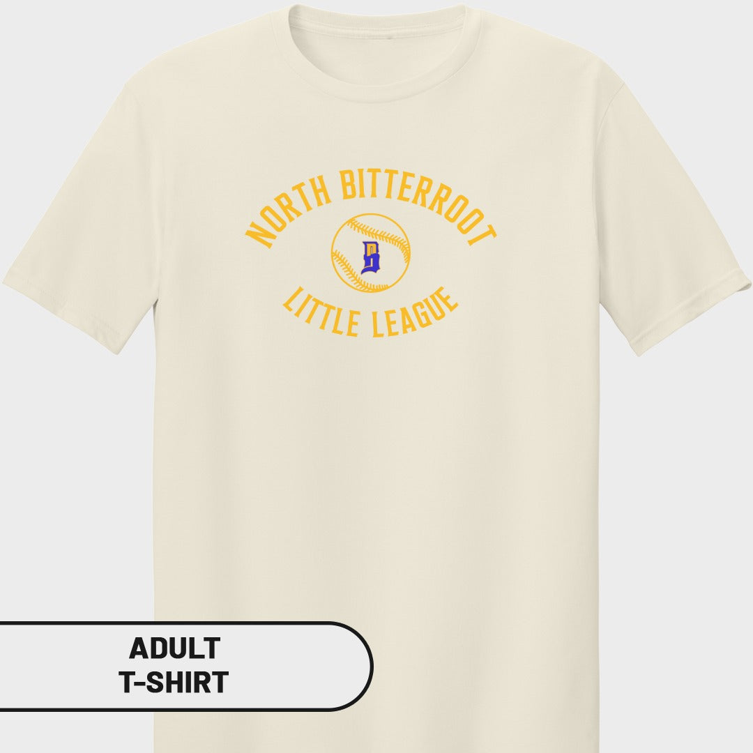 Cream t-shirt with "North Bitterroot Little League" baseball logo.