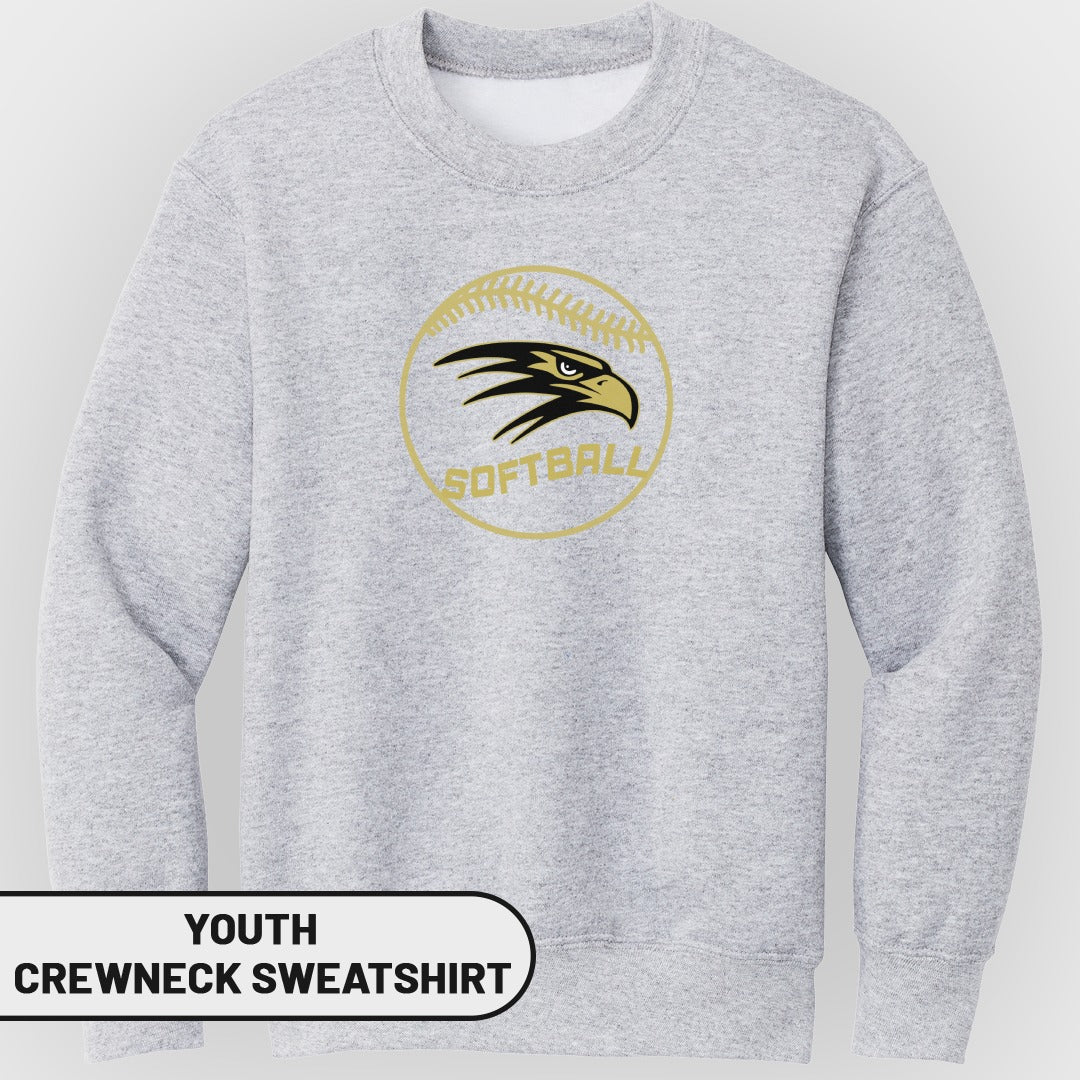 Light gray youth crewneck sweatshirt with gold softball and eagle logo.